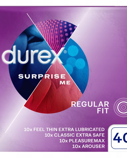 DUREX Prezervatyvai Surprise Me Mix rinkinys 40 vnt. Stimuliuojantys Ploni