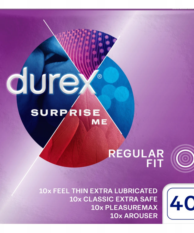 DUREX Prezervatyvai Surprise Me Mix rinkinys 40 vnt. Stimuliuojantys Ploni