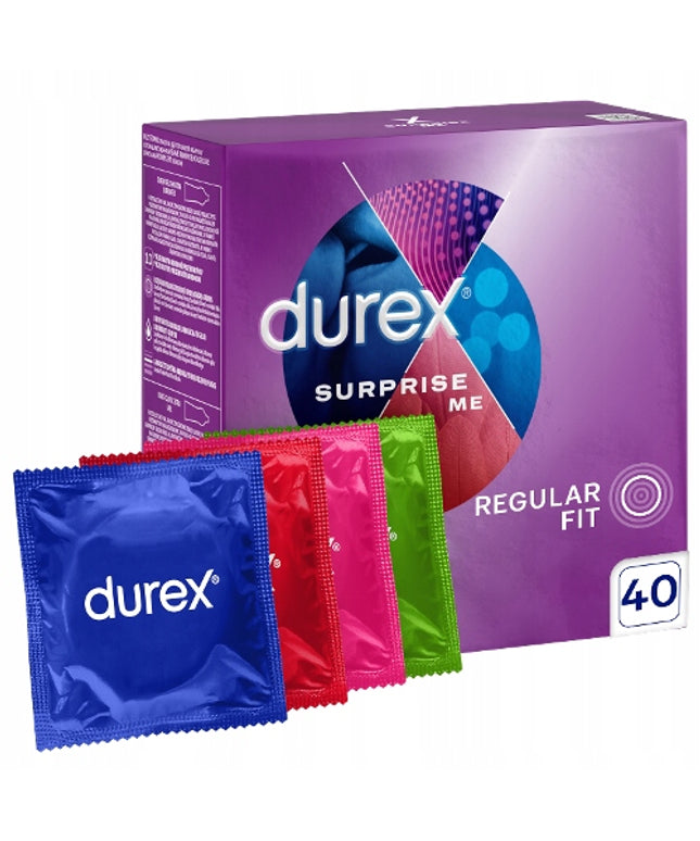 DUREX Prezervatyvai Surprise Me Mix rinkinys 40 vnt. Stimuliuojantys Ploni