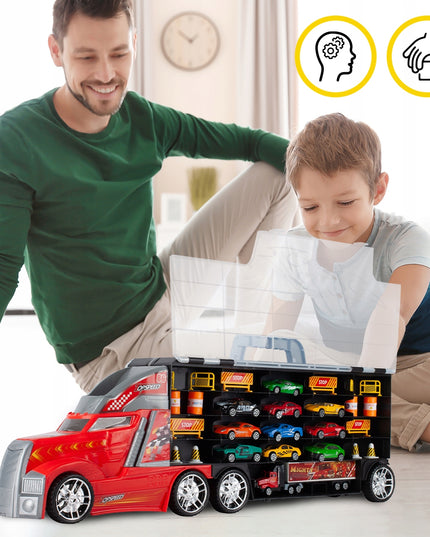 Didelis sunkvežimis žaisliniai automobiliai, paleidimo įrenginys, sunkvežimis transportuotojas 10 automobiliukų didelis