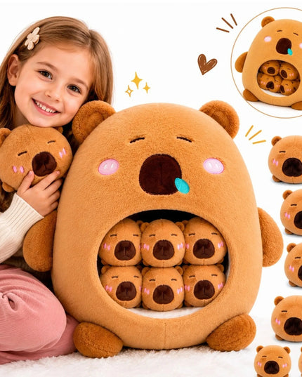 Didelis kapibaros pliušinis žaislas su mažomis kapibaromis, 7 dalių rinkinys