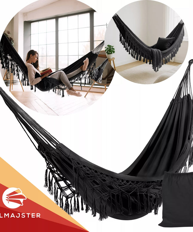 Didelis Sodo Hamakas BOHO Kutai Kelioninis Hamakas Balkonui JUODAS