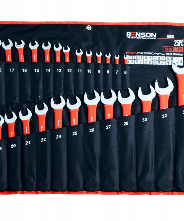 Didelis plokščių raktų komplektas su guminėmis rankenomis 6-36mm, 25 vnt., kilimėlis BENSON BY BLACK