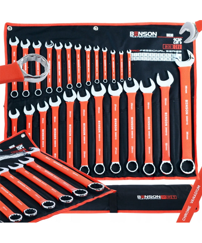 Didelis plokščių raktų komplektas su guminėmis rankenomis 6-36mm, 25 vnt., kilimėlis BENSON BY BLACK