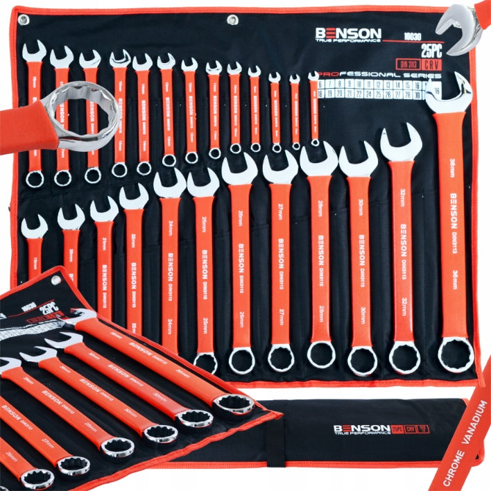 Didelis plokščių raktų komplektas su guminėmis rankenomis 6-36mm, 25 vnt., kilimėlis BENSON BY BLACK