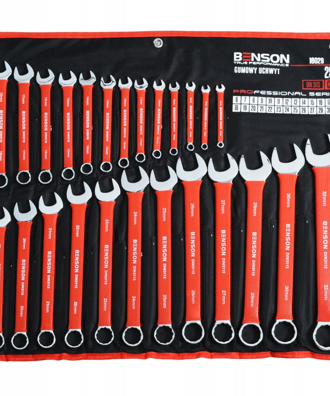 Didelis plokščių raktų komplektas su guminiu kilimėliu, 6-32 mm, 25 vnt. BENSON BY BLACK