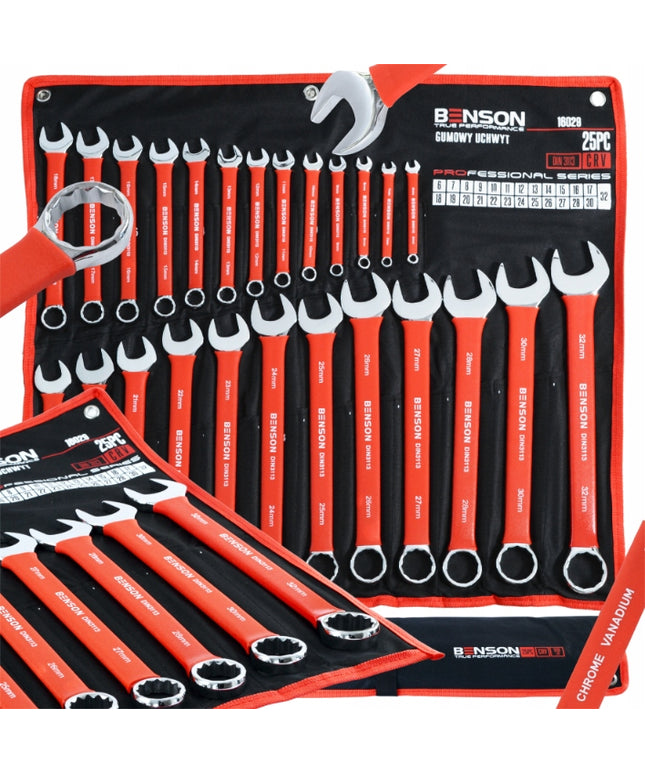 Didelis plokščių raktų komplektas su guminiu kilimėliu, 6-32 mm, 25 vnt. BENSON BY BLACK