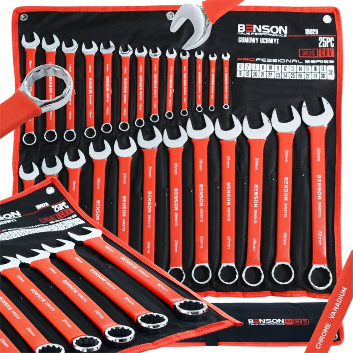 Didelis plokščių raktų komplektas su guminiu kilimėliu, 6-32 mm, 25 vnt. BENSON BY BLACK