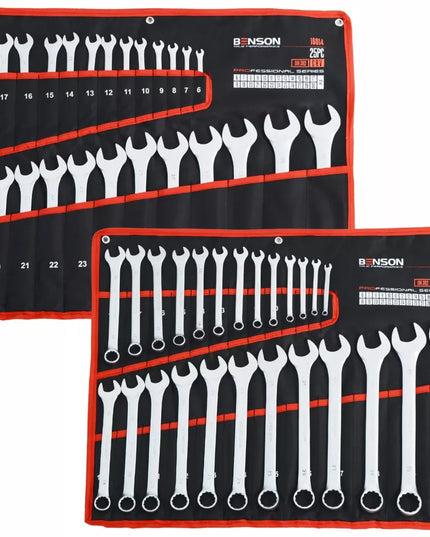 Didelis raktų komplektas plokščiu ir žiediniu 6-32mm 25 vnt. su kilimėliu BENSON BLACK