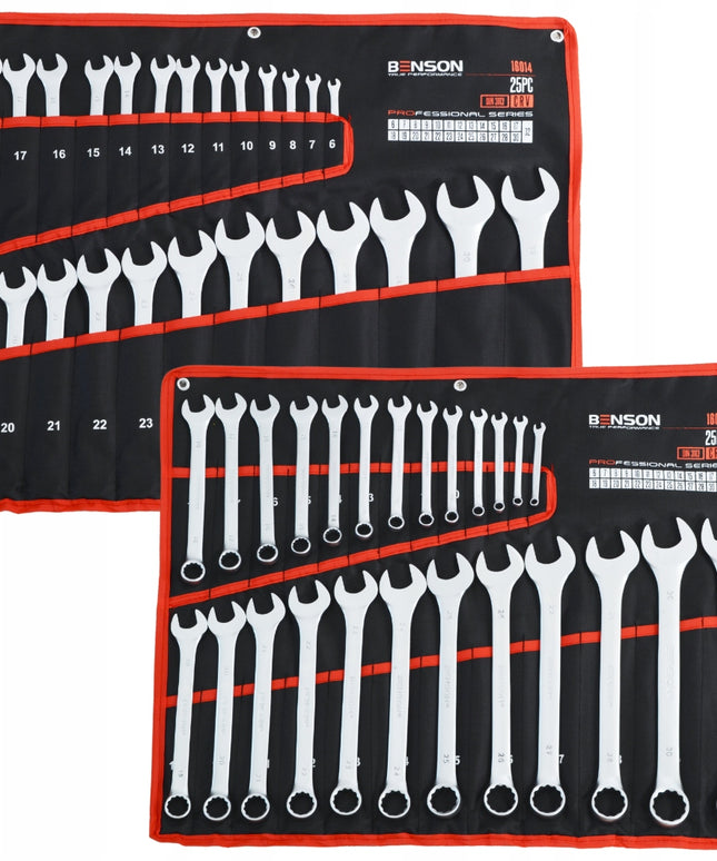 Didelis raktų komplektas plokščiu ir žiediniu 6-32mm 25 vnt. su kilimėliu BENSON BLACK