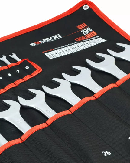 Didelis raktų komplektas plokščiu ir žiediniu 6-32mm 25 vnt. su kilimėliu BENSON BLACK