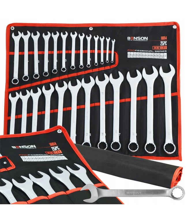 Didelis raktų komplektas plokščiu ir žiediniu 6-32mm 25 vnt. su kilimėliu BENSON BLACK