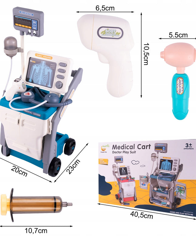 Didelis gydytojo EKG rinkinys su aksesuarais ant vežimėlio, Mažasis gydytojas vaikams