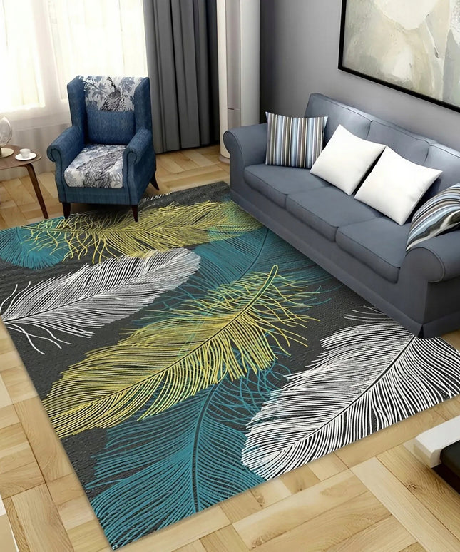 Kilimas 120x170 Juodas, Mėlynas, Geltonas, Plunksnos, Svetainei, Kambariui, Neslystantis
