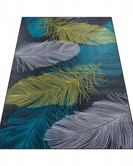 Kilimas 120x170 Juodas, Mėlynas, Geltonas, Plunksnos, Svetainei, Kambariui, Neslystantis