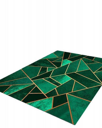 Kilimas 220x160cm žalias, glamūrinis, su auksinėmis detalėmis, geometriniai trikampiai