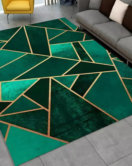 Žalias geometrinis kilimas 220x160cm su auksiniais akcentais, glamūrinio stiliaus
