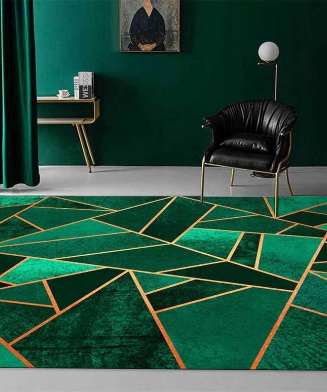 Žalias geometrinis kilimas 220x160cm su auksiniais akcentais, glamūrinio stiliaus
