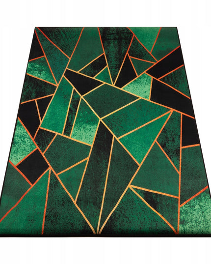 Žalias geometrinis kilimas 220x160cm su auksiniais akcentais, glamūrinio stiliaus