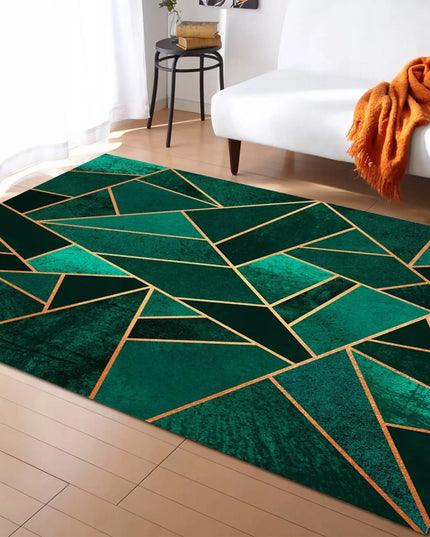 Žalias geometrinis kilimas 220x160cm su auksiniais akcentais, glamūrinio stiliaus