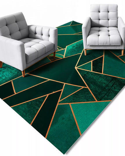Žalias geometrinis kilimas 220x160cm su auksiniais akcentais, glamūrinio stiliaus
