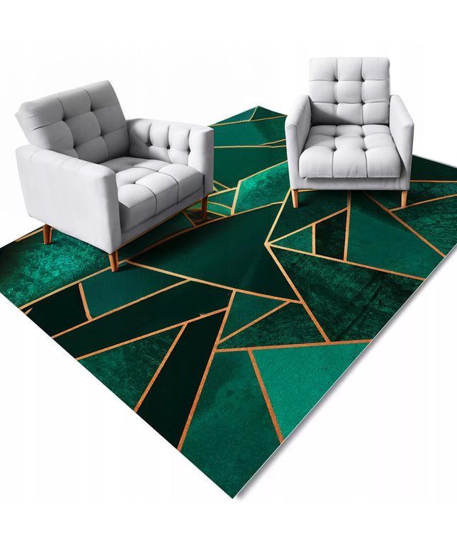 Žalias geometrinis kilimas 220x160cm su auksiniais akcentais, glamūrinio stiliaus