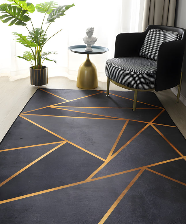 Kilimas svetainei ir virtuvei 220x160, neslystantis, skalbiamas, juodas, auksinis, lofto stiliaus