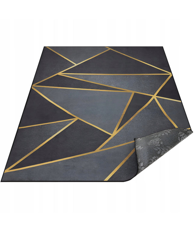 Kilimas svetainei ir virtuvei 220x160, neslystantis, skalbiamas, juodas, auksinis, lofto stiliaus