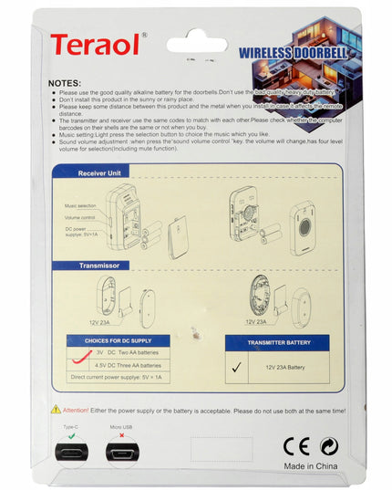 Belaidis durų ir vartelių skambutis, lauko, atsparus vandeniui, su USB baterija