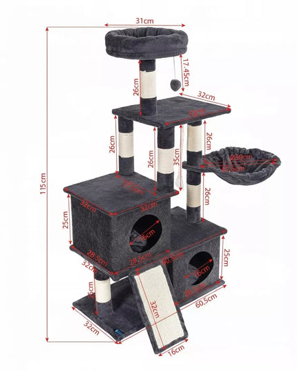 Katės draskyklė namelis su gultu ir stulpeliais 115cm 5 lygiai (F200)