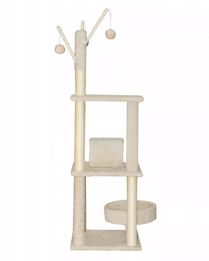 Kačių draskyklė "Tomi" 130 cm, smėlio spalvos, 5 lygmenų, su 4 kamuoliukais, būgnas