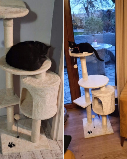 Kačių draskyklė TomiDomi Smėlio spalvos 116cm, 5 lygiai, namelis, bokštas, kamuoliukai
