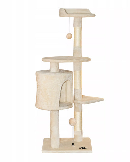Kačių draskyklė TomiDomi Smėlio spalvos 116cm, 5 lygiai, namelis, bokštas, kamuoliukai