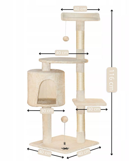 Kačių draskyklė TomiDomi Smėlio spalvos 116cm, 5 lygiai, namelis, bokštas, kamuoliukai