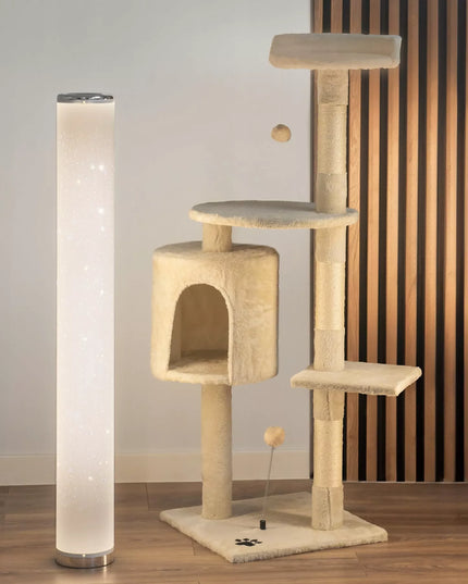Kačių draskyklė TomiDomi Smėlio spalvos 116cm, 5 lygiai, namelis, bokštas, kamuoliukai