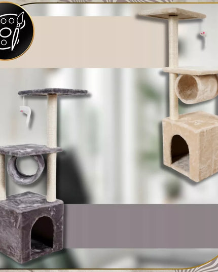 Didelis aukštas kačių draskymo stulpas su nameliu, medelis, bokštas, guolis, pelė