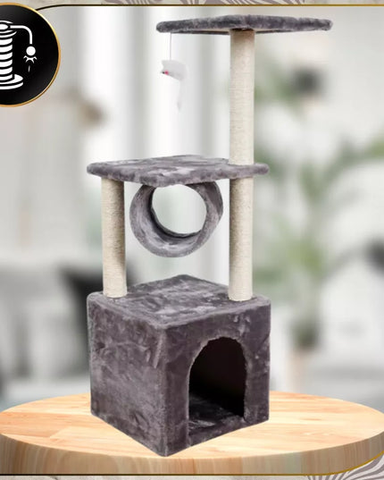 Didelis aukštas kačių draskymo stulpas su nameliu, medelis, bokštas, guolis, pelė