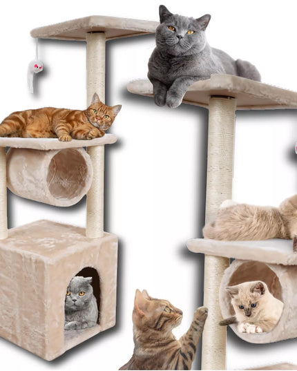 Didelis aukštas kačių draskymo stulpas su nameliu, medelis, bokštas, guolis, pelė