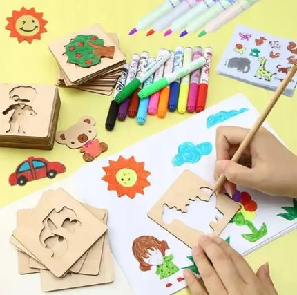 Mediniai „Montessori“ piešimo trafaretai vaikams, 20 vnt., įvairūs raštai