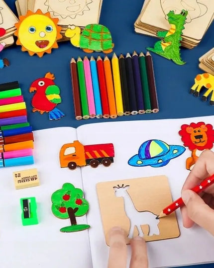 Mediniai „Montessori“ piešimo trafaretai vaikams, 20 vnt., įvairūs raštai