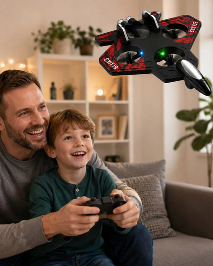 Pan i Pani Gadżet „FIGHTER“ skraidantis putplasčio dronas-lėktuvas su nuotolinio valdymo pultu, LED apšvietimu ir 360° apsisukimais