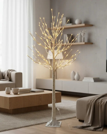 Šventinė dekoratyvinė šviečianti LED beržo formos dekoracija, 150 cm, šiltai baltos lemputės