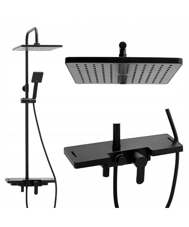 Dušo komplektas, sistema su lentyna ir maišytuvu - Juodas