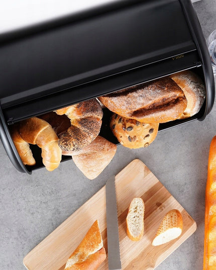 Didelis juodas metalinis duoninė virtuvinė talpa duonai ir bandelėms