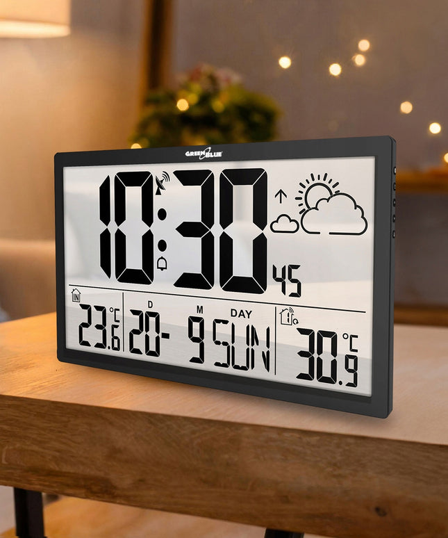 Didelis LCD sieninis laikrodis, orų stotis, termometras, DCF + išorinis daviklis