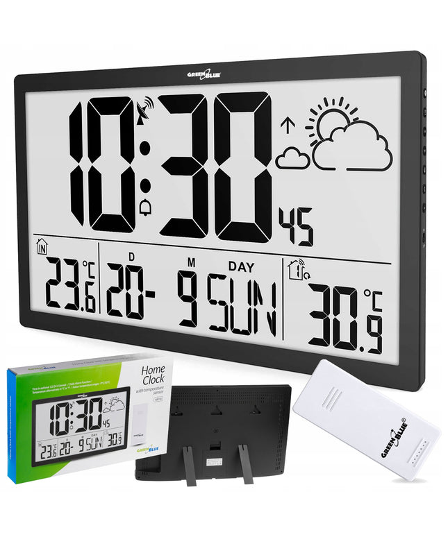 Didelis LCD sieninis laikrodis, orų stotis, termometras, DCF + išorinis daviklis