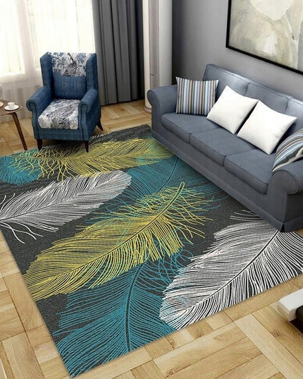 Kilimas 220cm x 160cm Lapai Paukščių Plunksnos Žalias Didelis Modernus Neslystantis
