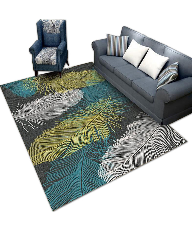 Kilimas 220cm x 160cm Lapai Paukščių Plunksnos Žalias Didelis Modernus Neslystantis