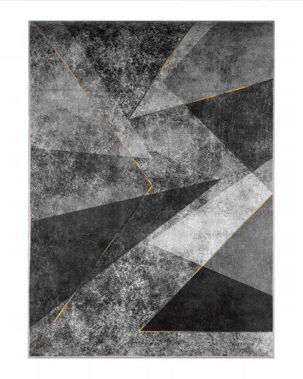 Pilkas kilimas 300x200cm, geometriniai trikampiai, auksinis, juodas, modernus, mozaika