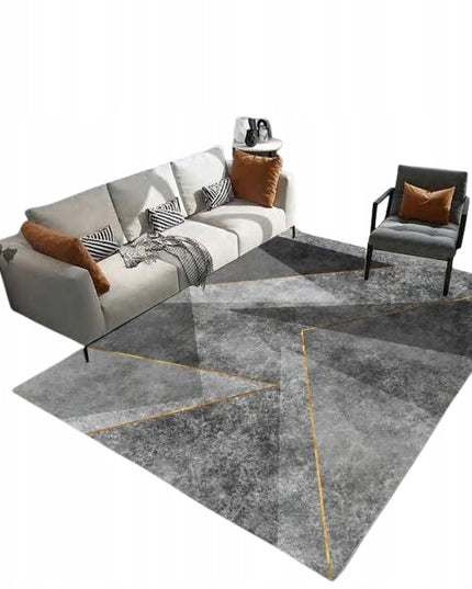 Pilkas kilimas 300x200cm, geometriniai trikampiai, auksinis, juodas, modernus, mozaika